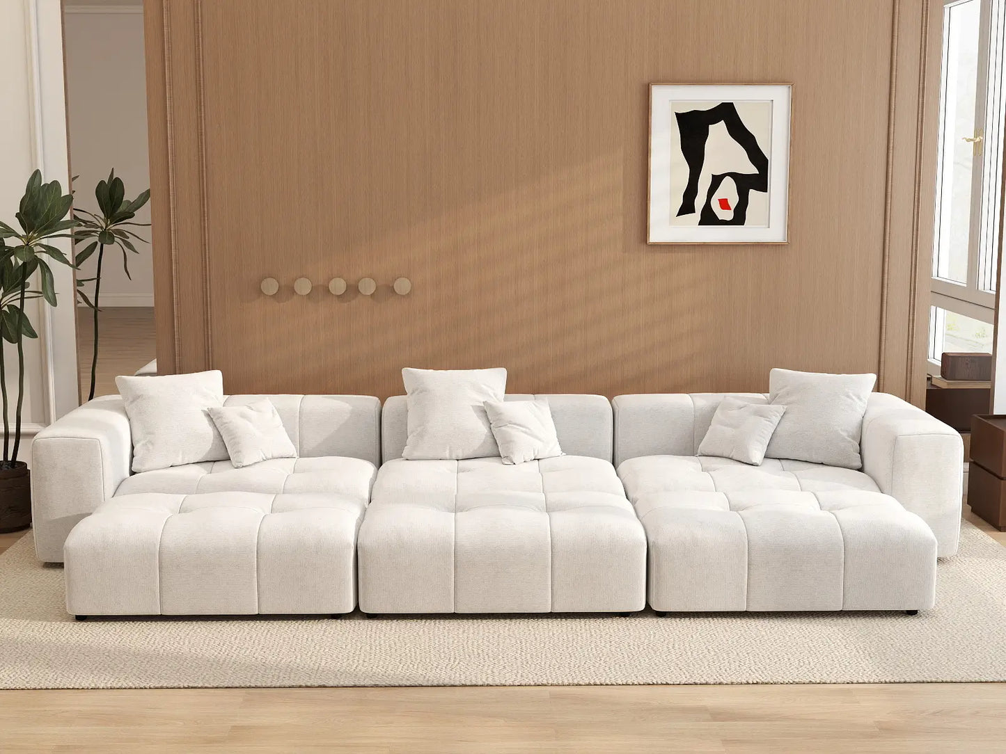 Matrix 3-Seater White Large Space Pit Sectional | 6-Piece (Includes 3 Ottomans), Linen Fabric