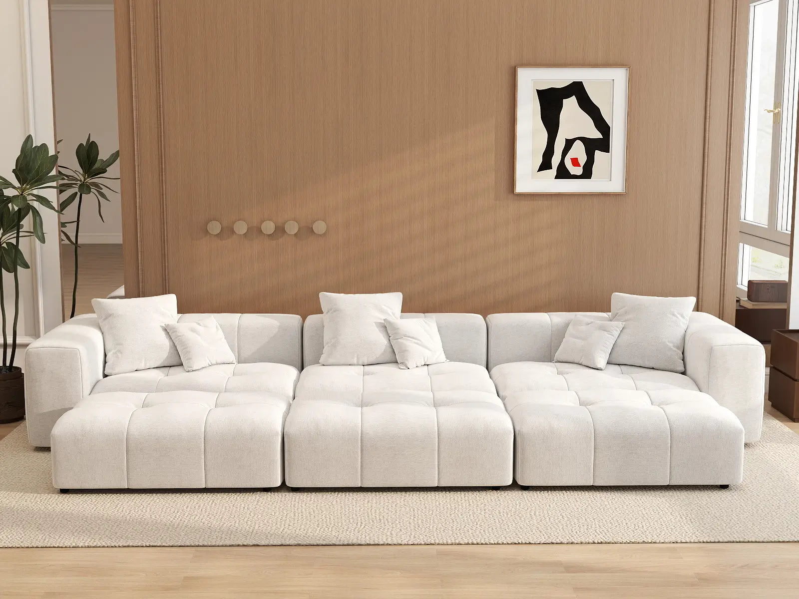 Matrix 3-Seater White Large Space Pit Sectional | 6-Piece (Includes 3 Ottomans), Linen Fabric