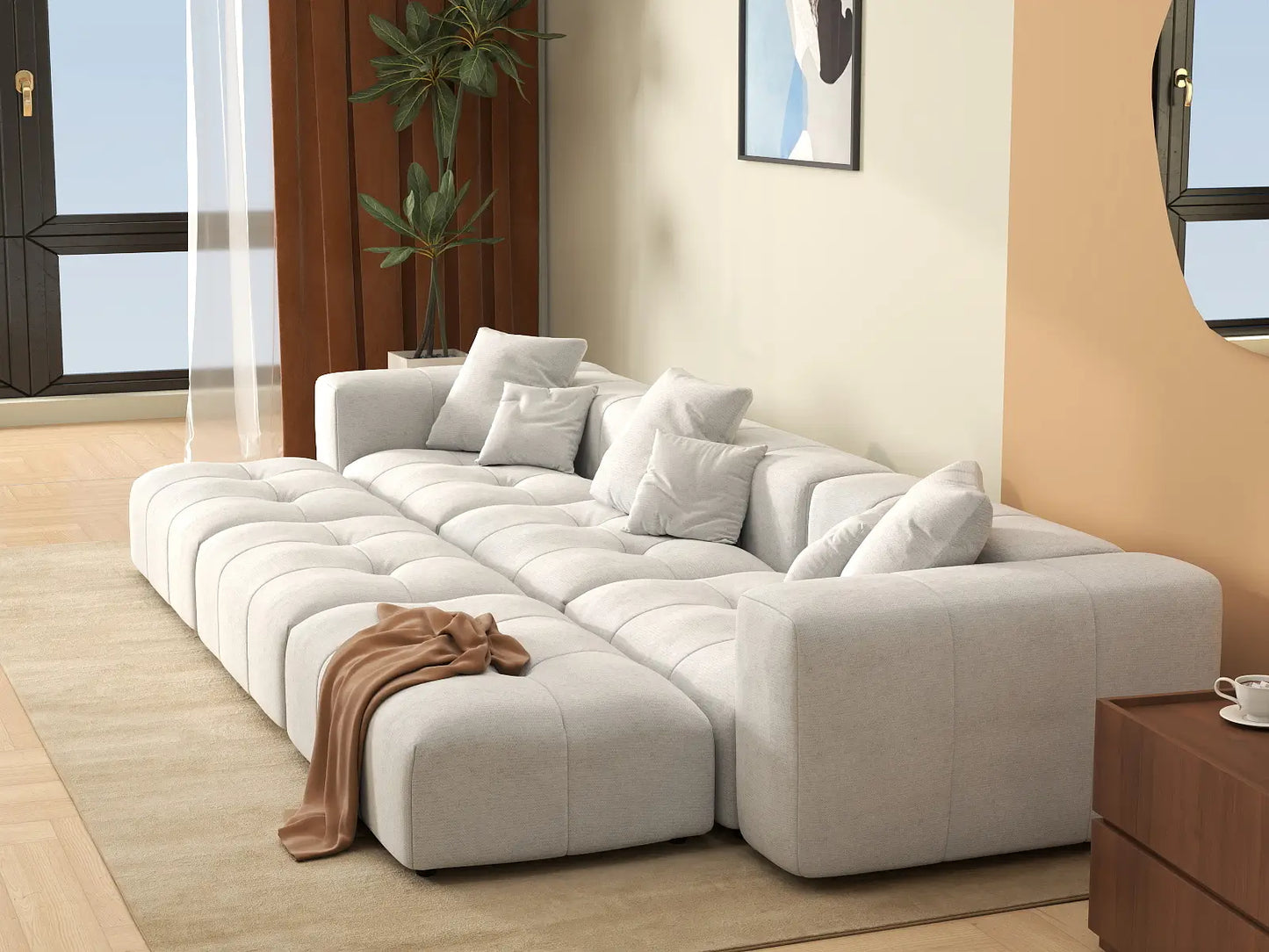 Matrix 3-Seater White Large Space Pit Sectional | 6-Piece (Includes 3 Ottomans), Linen Fabric