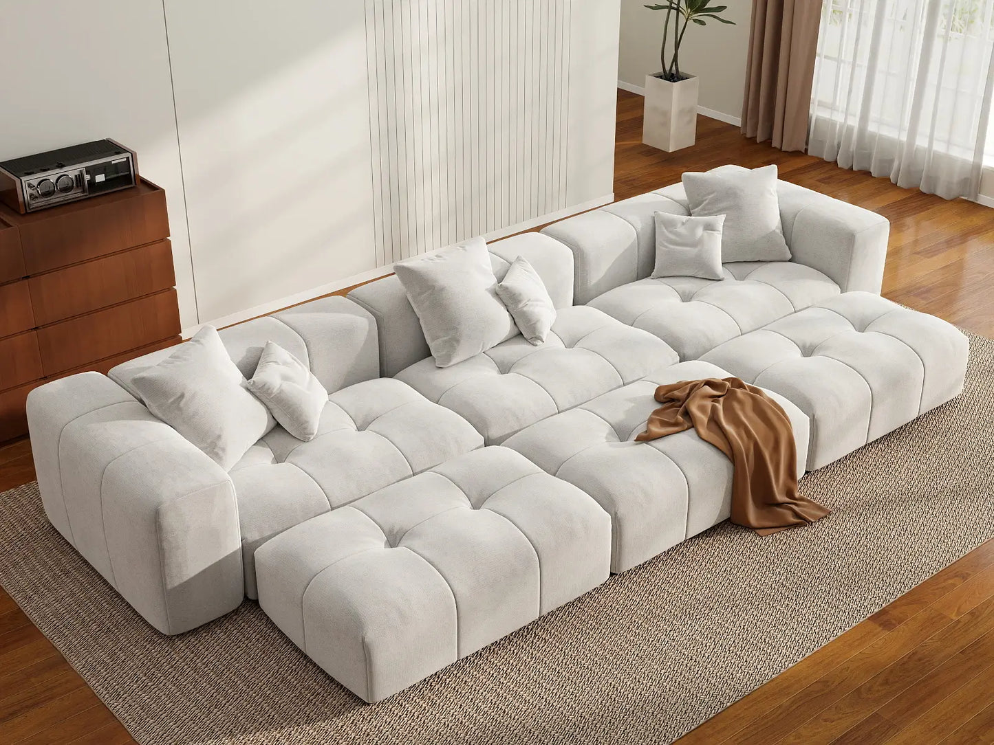 Matrix 3-Seater White Large Space Pit Sectional | 6-Piece (Includes 3 Ottomans), Linen Fabric