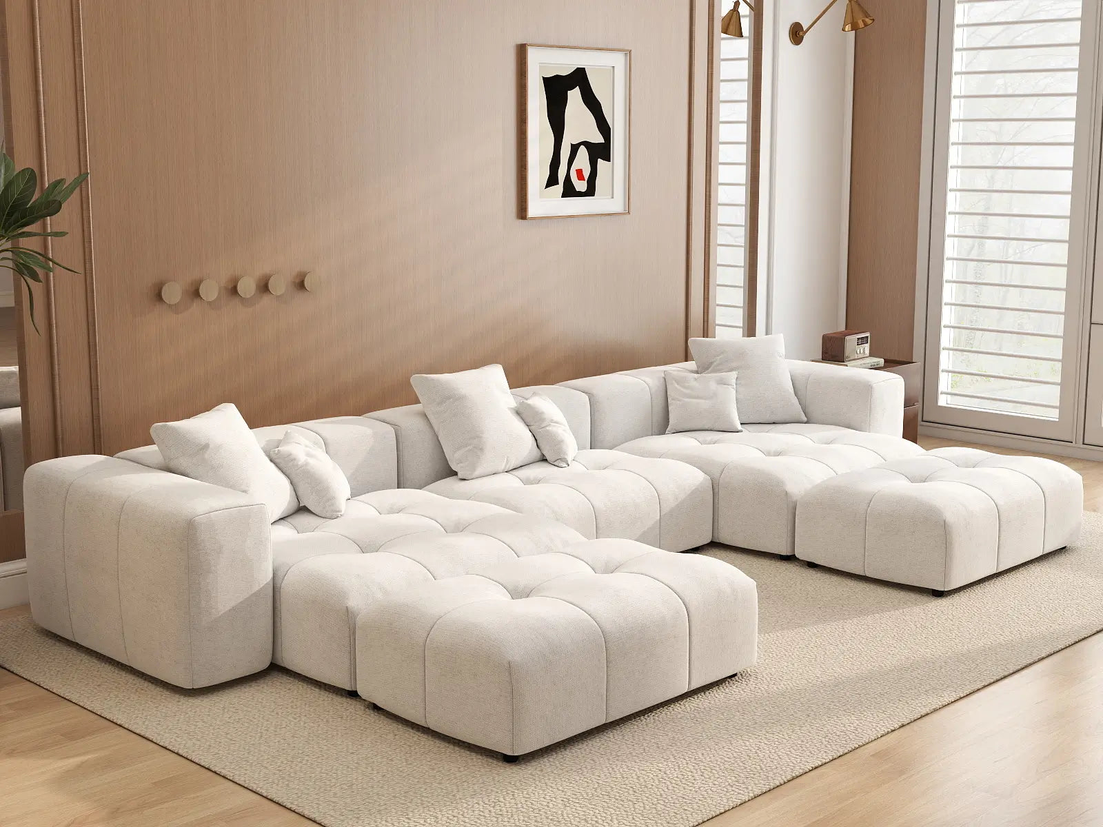 Matrix 3-Seater White Large Space U-Shaped Sectional | 5-Piece (Includes 2 Ottomans), Linen Fabric