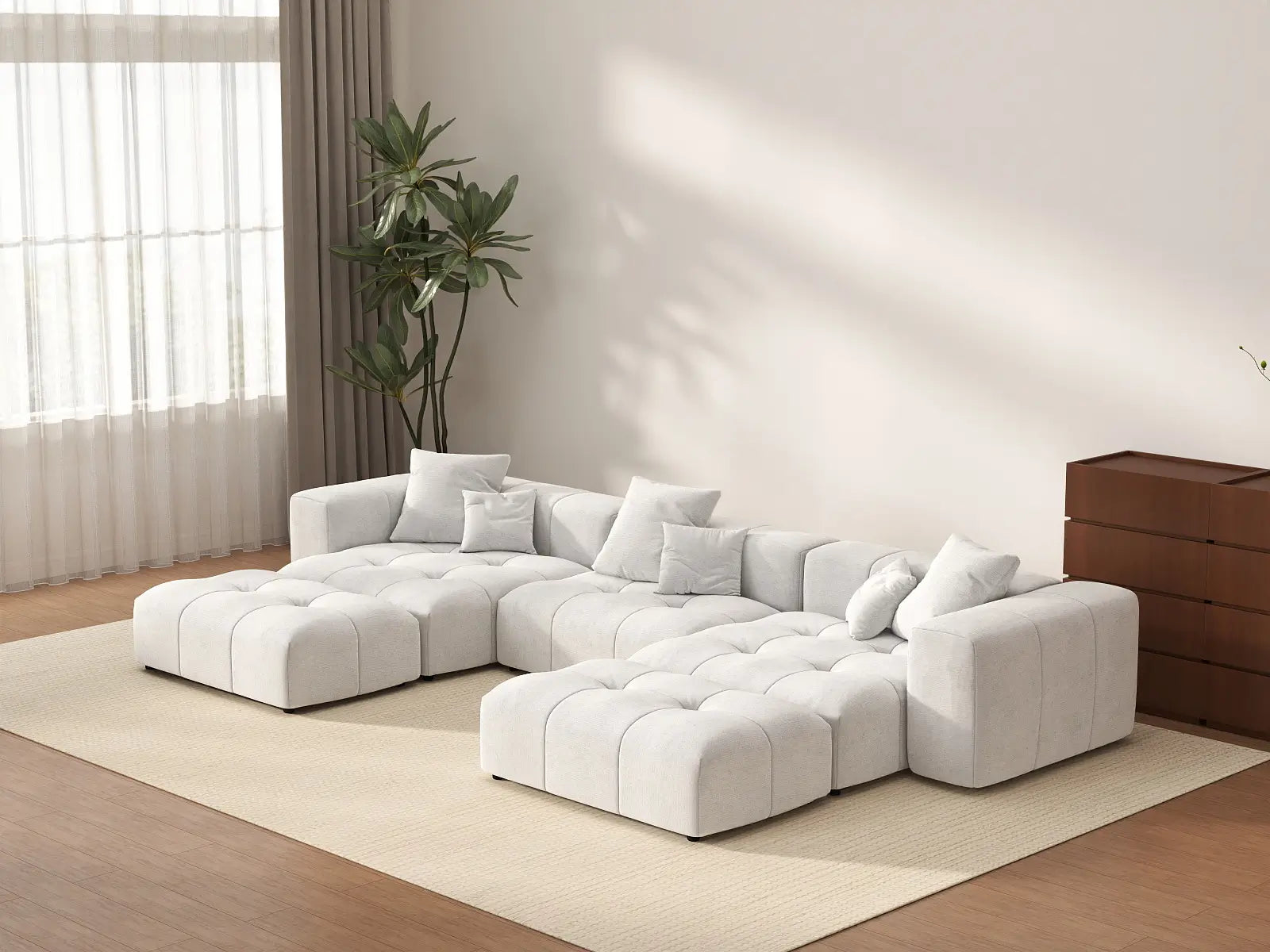 Matrix 3-Seater White Large Space U-Shaped Sectional | 5-Piece (Includes 2 Ottomans), Linen Fabric