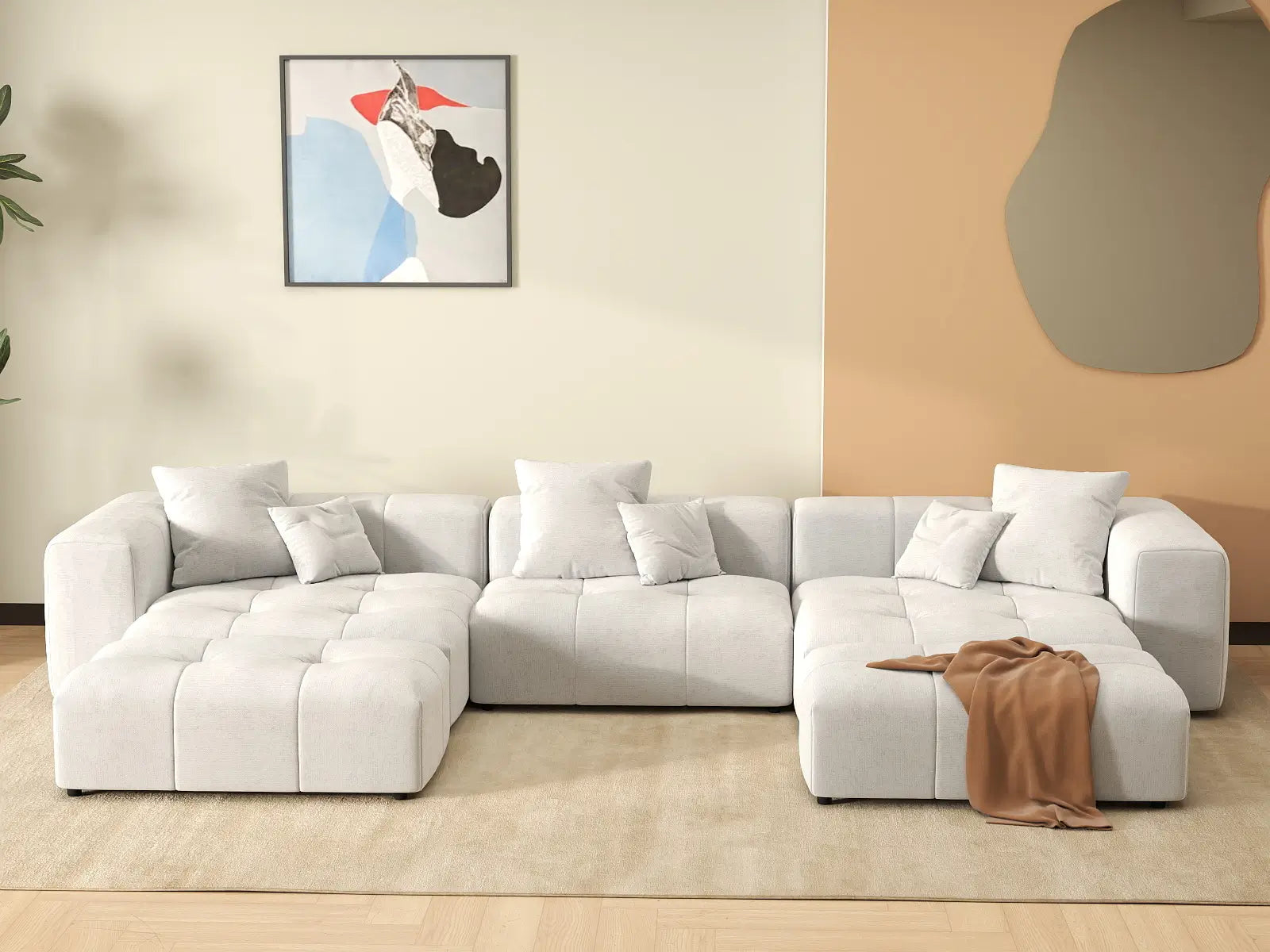 Matrix 3-Seater White Large Space U-Shaped Sectional | 5-Piece (Includes 2 Ottomans), Linen Fabric