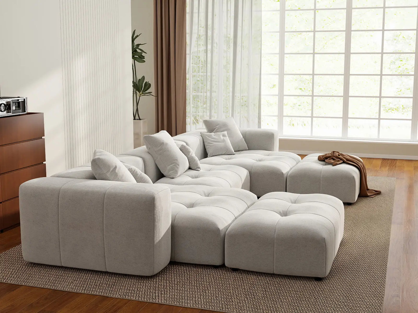 Matrix 3-Seater White Large Space U-Shaped Sectional | 5-Piece (Includes 2 Ottomans), Linen Fabric