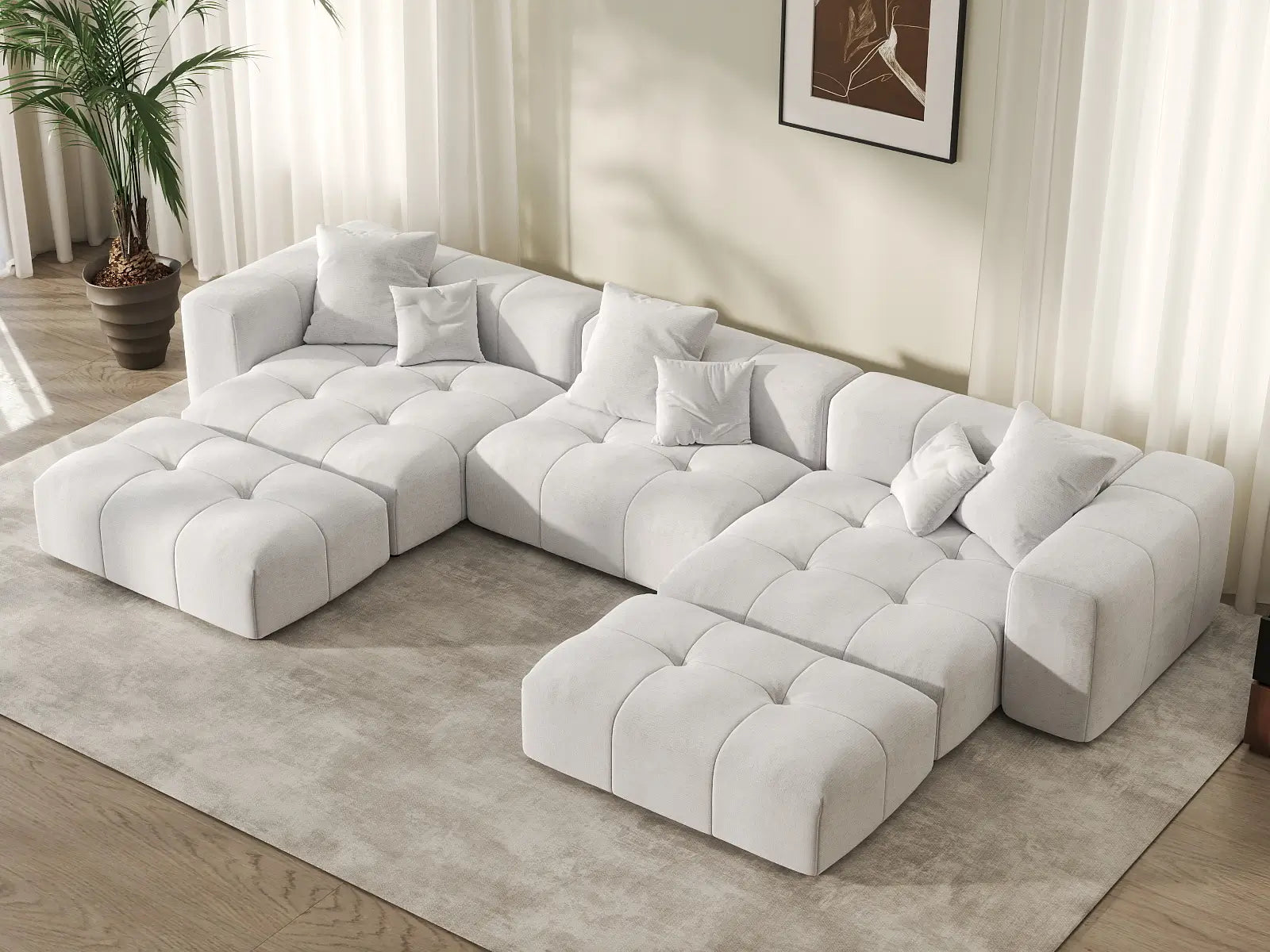 Matrix 3-Seater White Large Space U-Shaped Sectional | 5-Piece (Includes 2 Ottomans), Linen Fabric