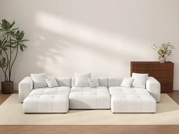 Matrix 3-Seater White Linen Pit Sectional | 6-Piece (Includes 3 Ottomans), Contemporary Style