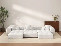 Matrix 3-Seater White Linen Pit Sectional | 6-Piece (Includes 3 Ottomans), Contemporary Style
