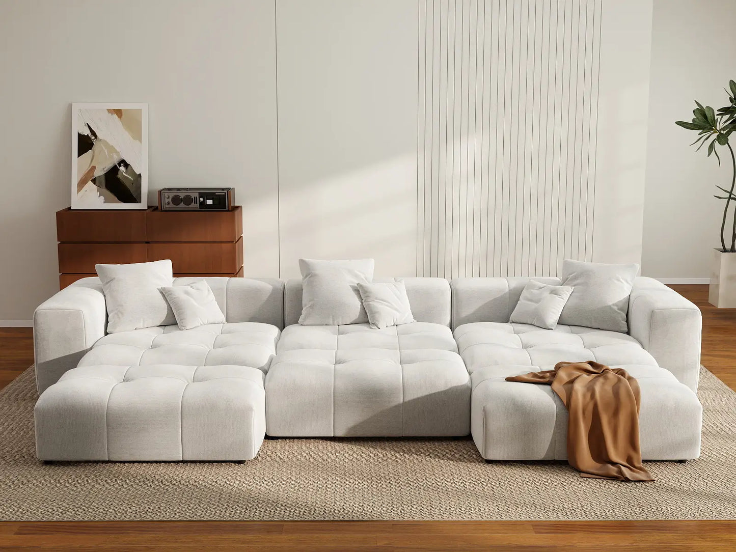 Matrix 3-Seater White Linen Pit Sectional | 6-Piece (Includes 3 Ottomans), Contemporary Style