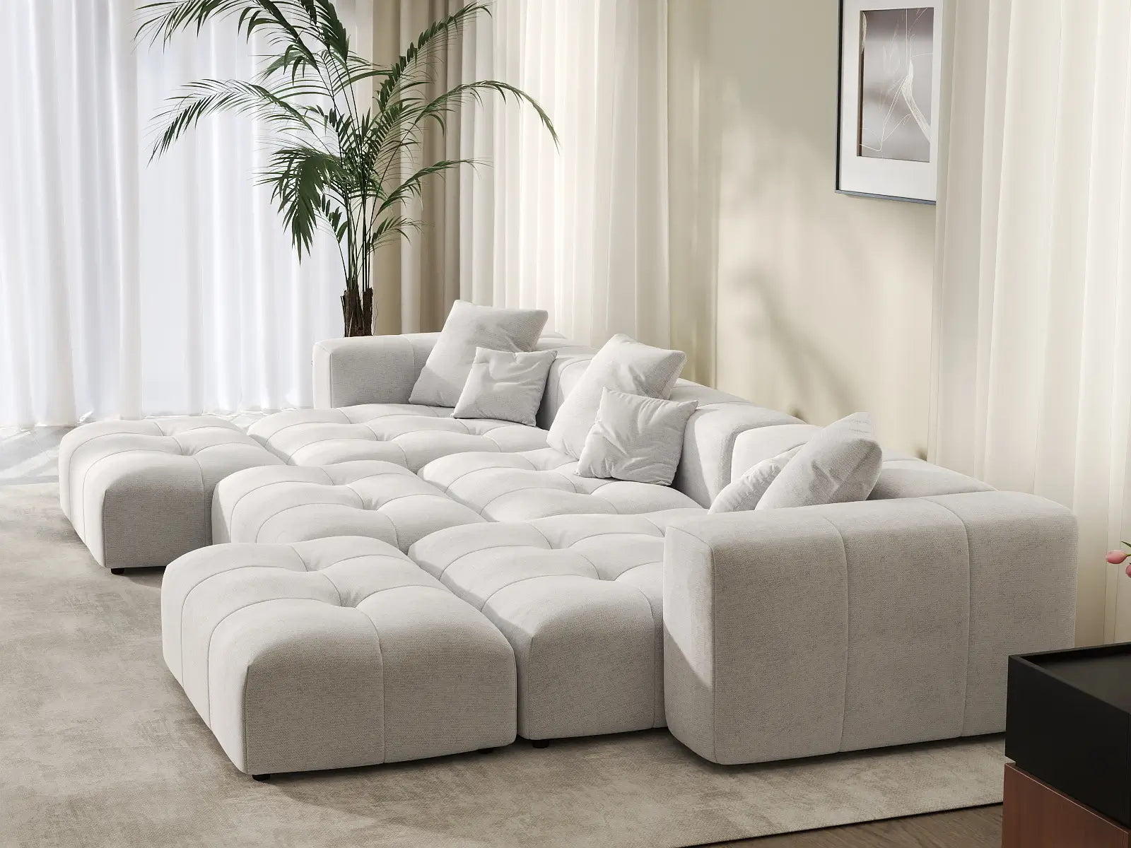 Matrix 3-Seater White Linen Pit Sectional | 6-Piece (Includes 3 Ottomans), Contemporary Style