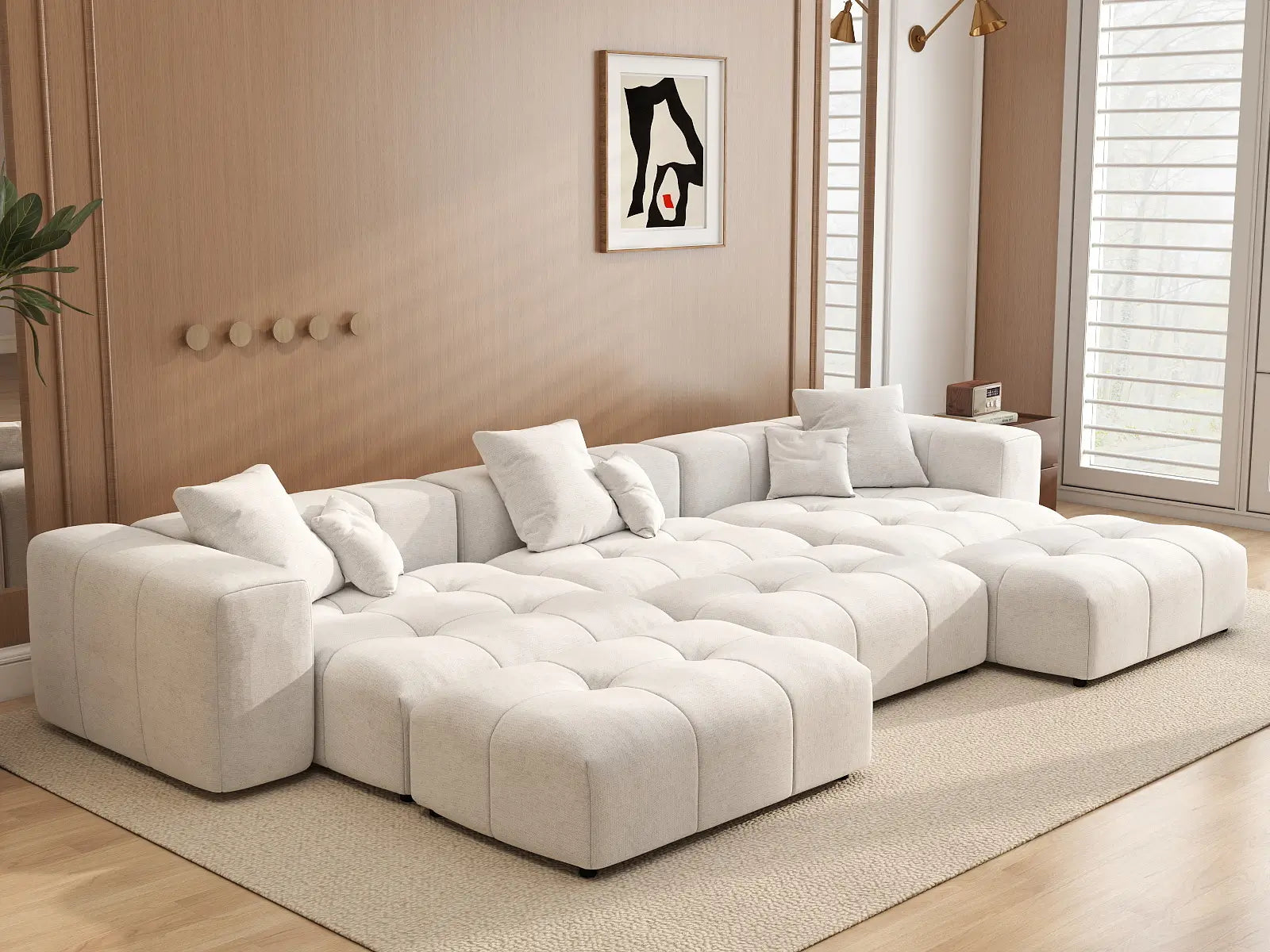 Matrix 3-Seater White Linen Pit Sectional | 6-Piece (Includes 3 Ottomans), Contemporary Style