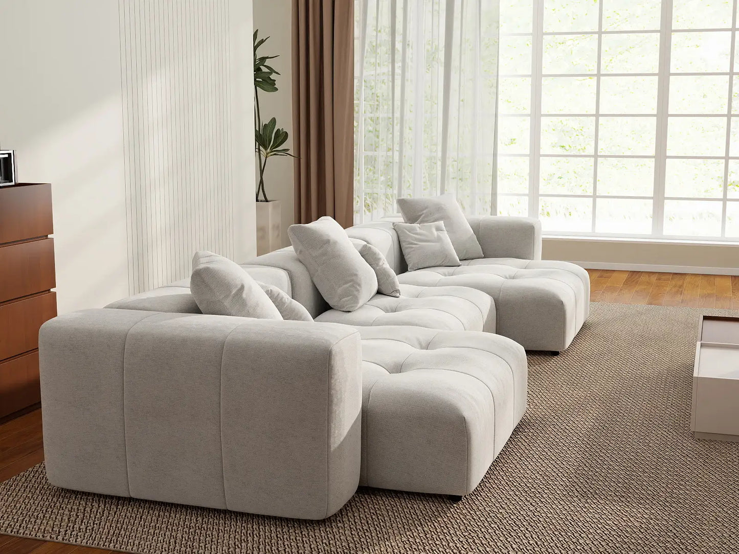 Matrix 3-Seater White Small Space Couch Sectional | 3-Piece, Linen Fabric