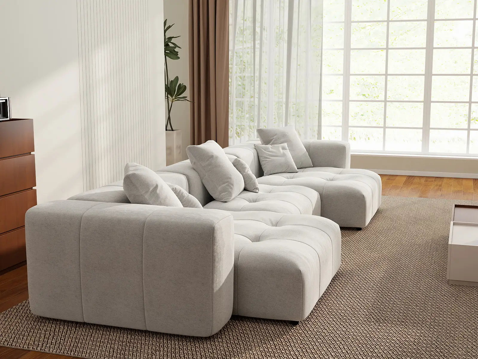 Matrix 3-Seater White Small Space Couch Sectional | 3-Piece, Linen Fabric