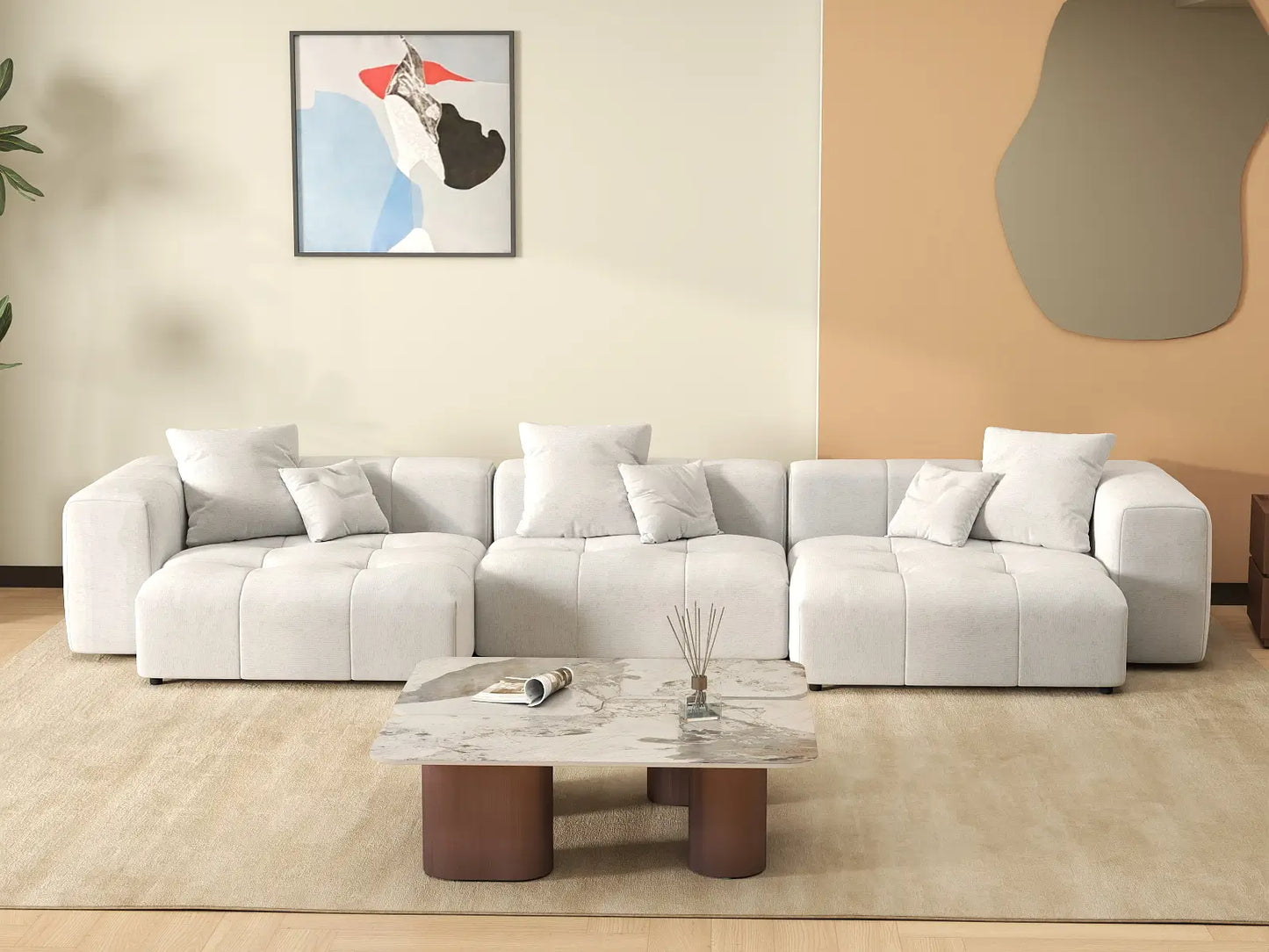 Matrix 3-Seater White Small Space Couch Sectional | 3-Piece, Linen Fabric