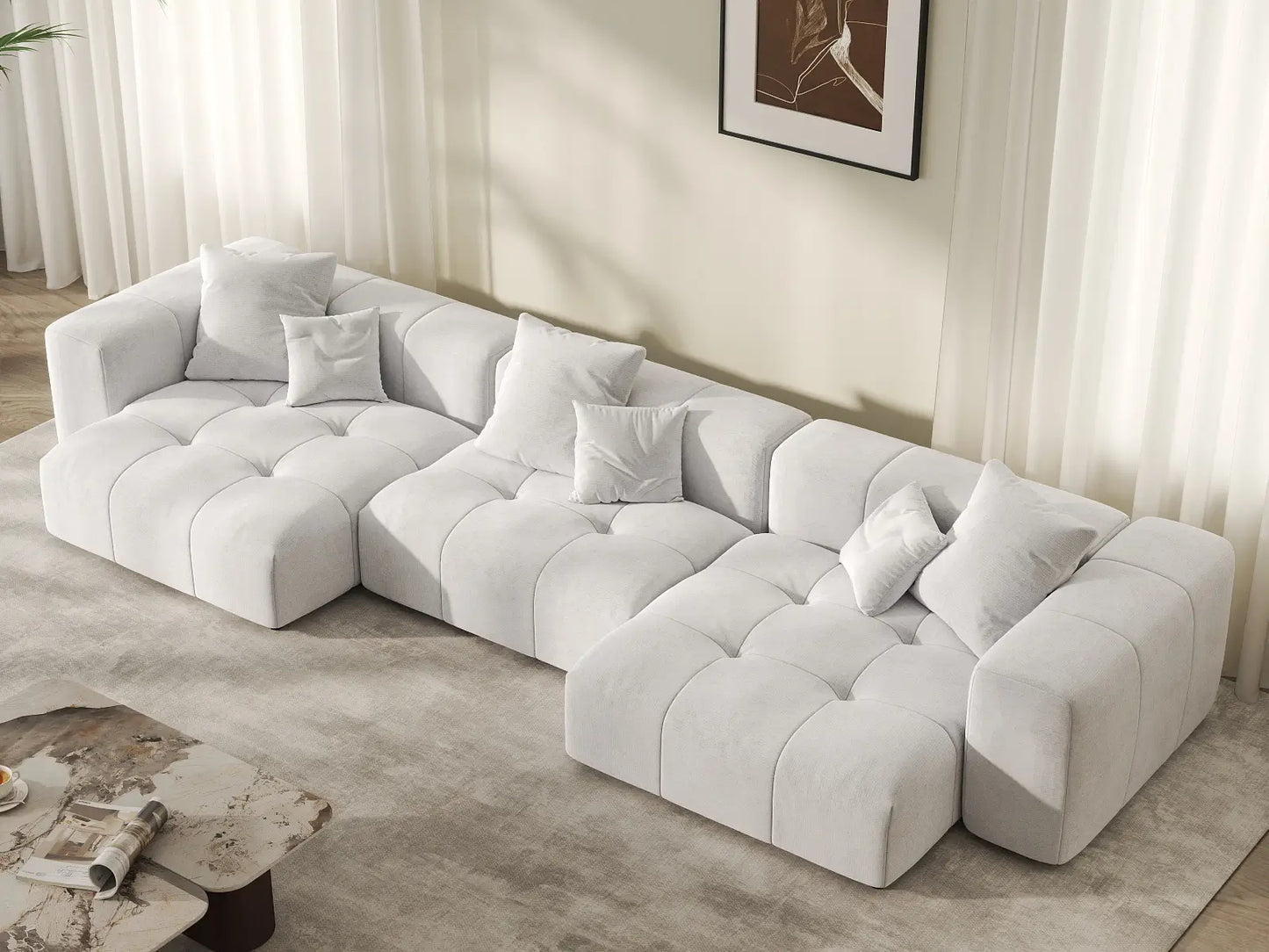 Matrix 3-Seater White Small Space Couch Sectional | 3-Piece, Linen Fabric