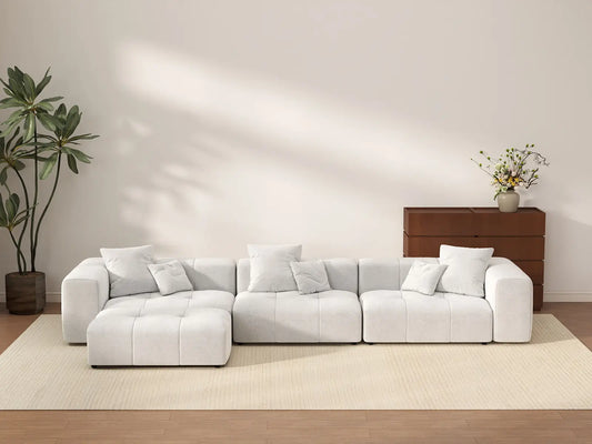 Matrix 3-Seater White Sofa Set | 4-Piece (Includes 1 Ottoman), Linen Fabric