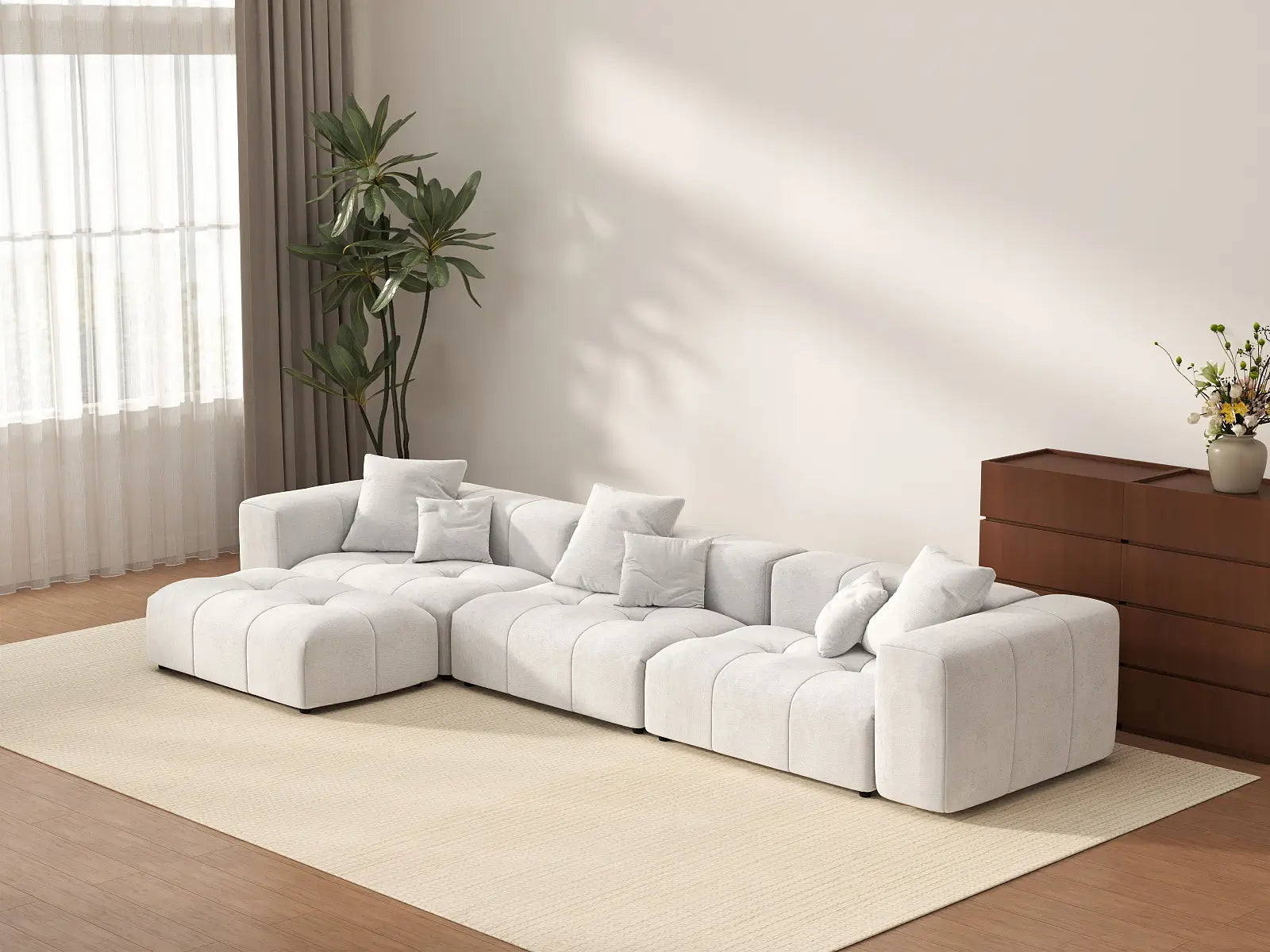 Matrix 3-Seater White Sofa Set | 4-Piece (Includes 1 Ottoman), Linen Fabric