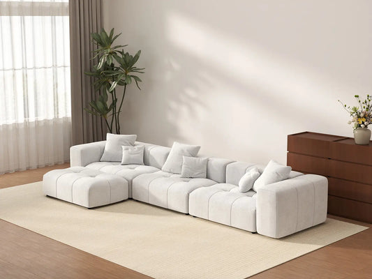 Matrix 3-Seater White Sofa Set | 4-Piece (Includes 1 Ottoman), Linen Fabric