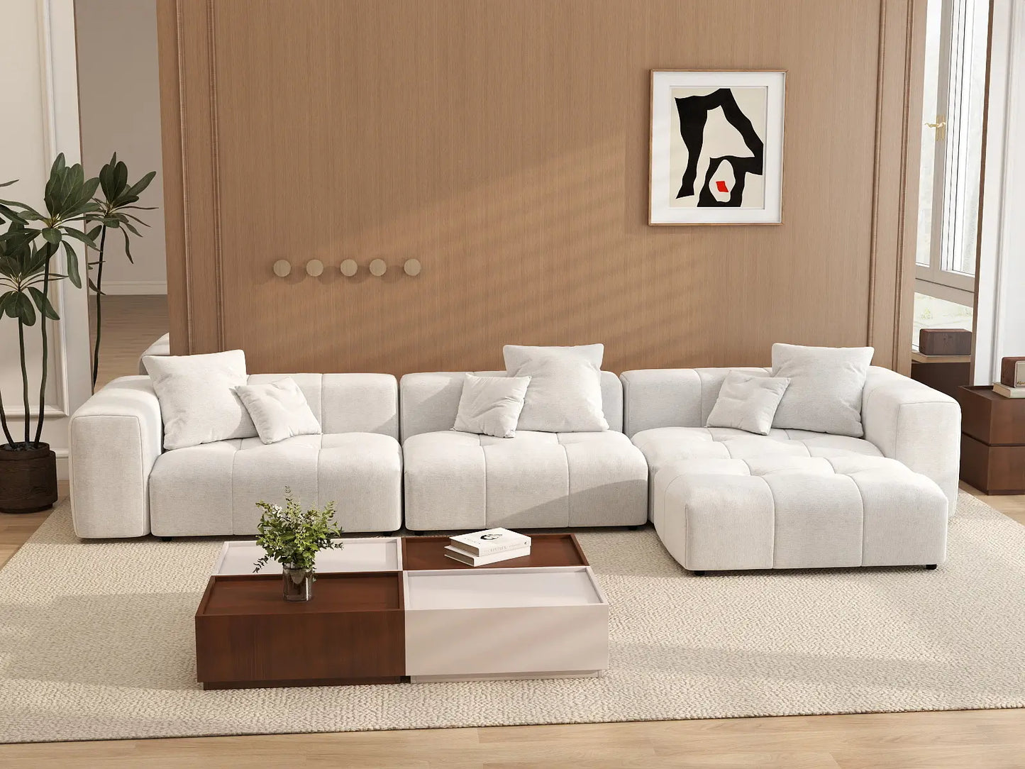 Matrix 3-Seater White Sofa Set | 4-Piece (Includes 1 Ottoman), Linen Fabric