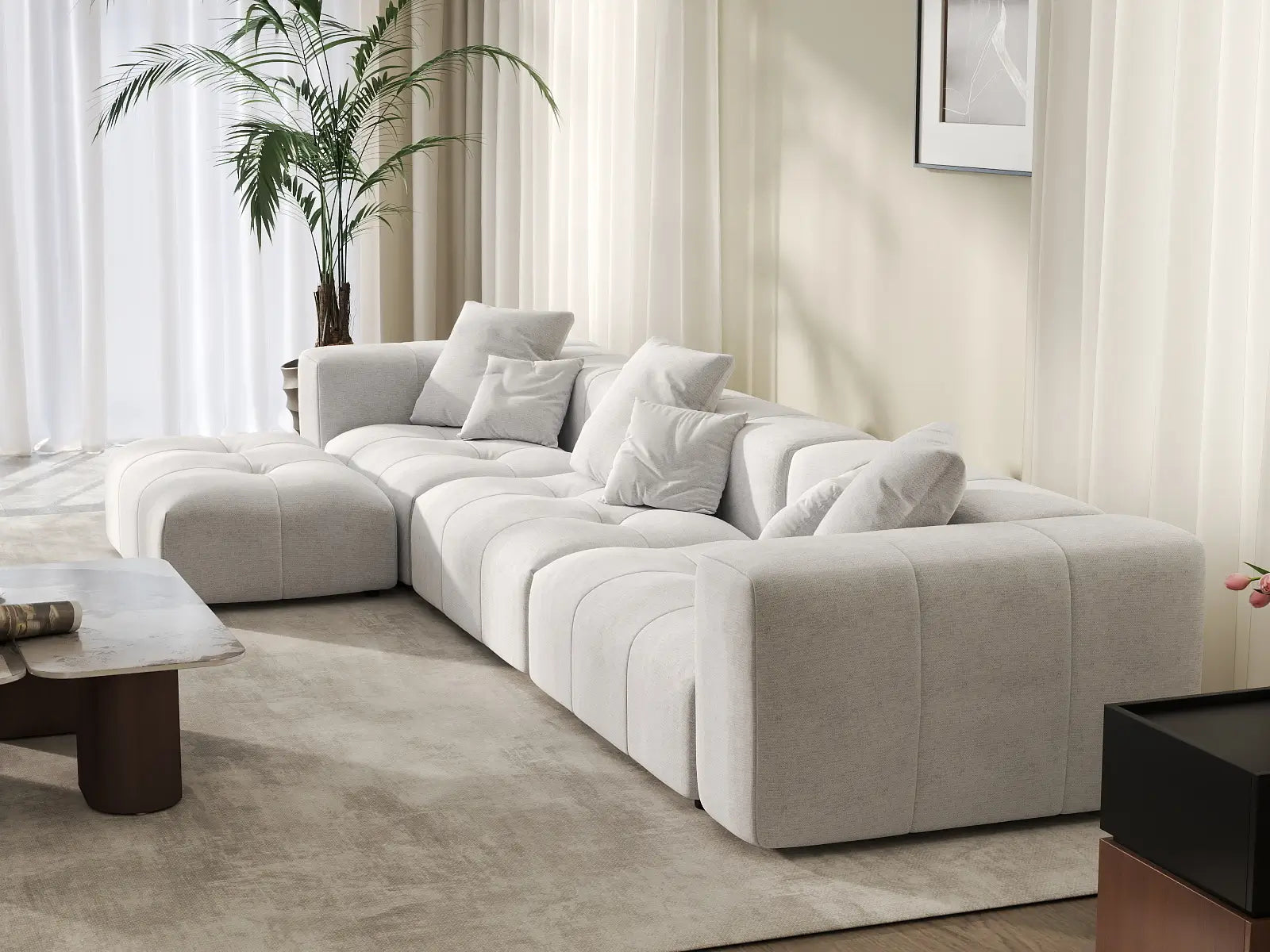 Matrix 3-Seater White Sofa Set | 4-Piece (Includes 1 Ottoman), Linen Fabric