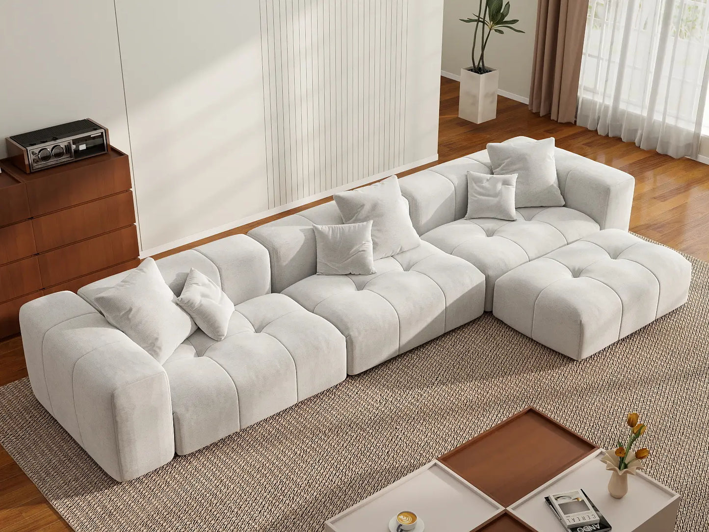 Matrix 3-Seater White Sofa Set | 4-Piece (Includes 1 Ottoman), Linen Fabric