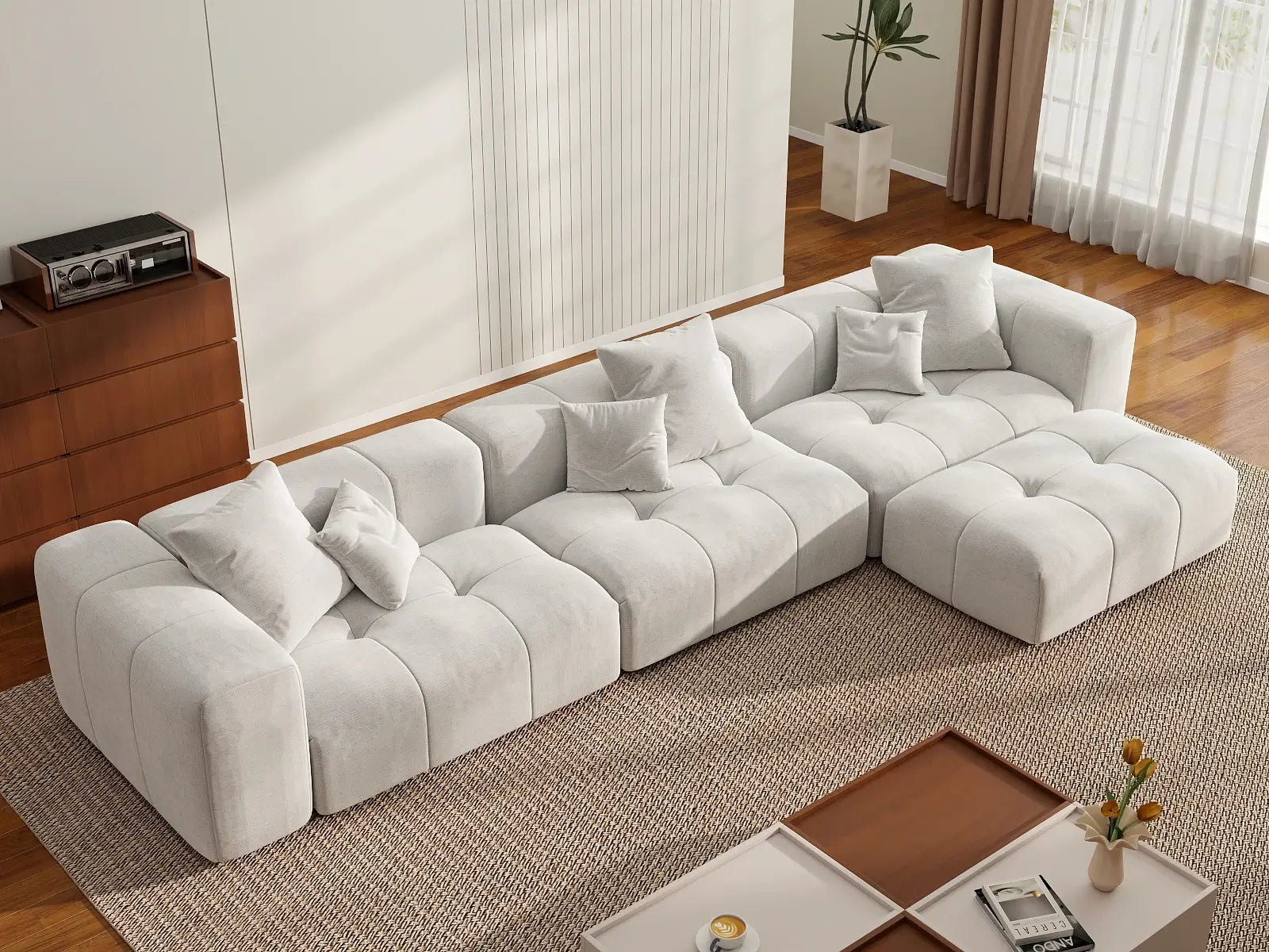 Matrix 3-Seater White Sofa Set | 4-Piece (Includes 1 Ottoman), Linen Fabric