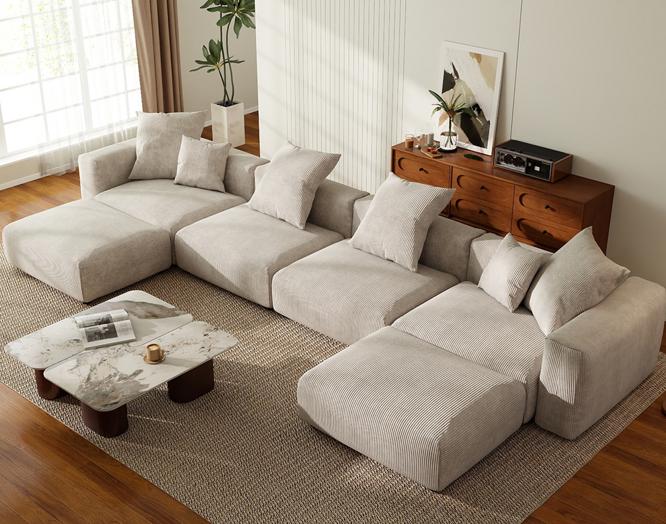 Matrix 4-Seater Beige Washable U-Shaped Sectional | 6-Piece (includes 2 Ottomans), Corduroy Fabric, Modular Design