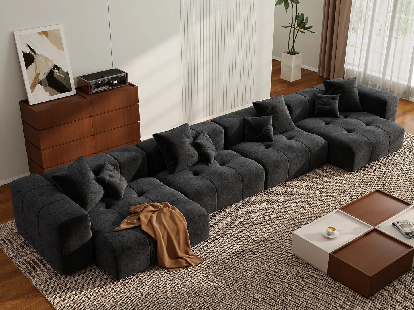 Sofá seccional grande negro Matrix de 4 plazas | 4 piezas, tela de lino