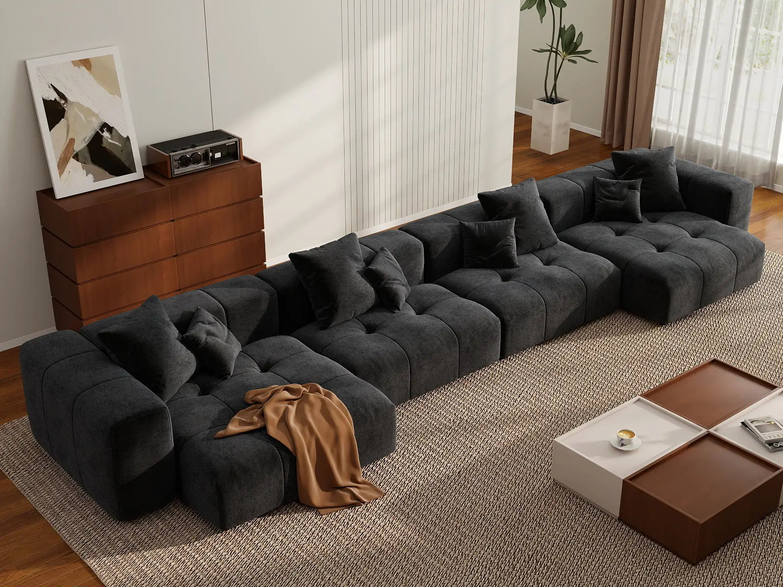 Sofá seccional grande negro Matrix de 4 plazas | 4 piezas, tela de lino