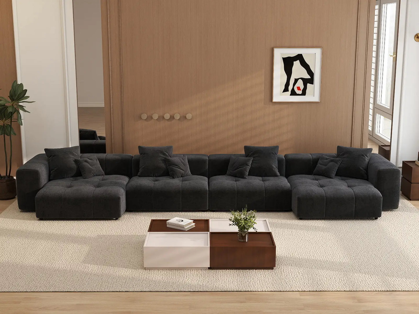 Sofá seccional grande negro Matrix de 4 plazas | 4 piezas, tela de lino