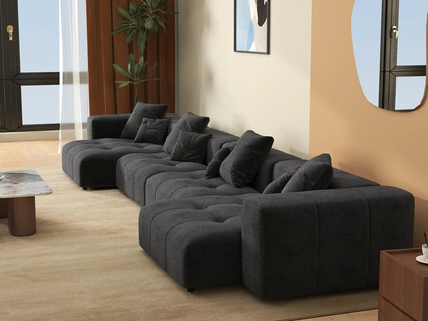 Sofá seccional grande negro Matrix de 4 plazas | 4 piezas, tela de lino