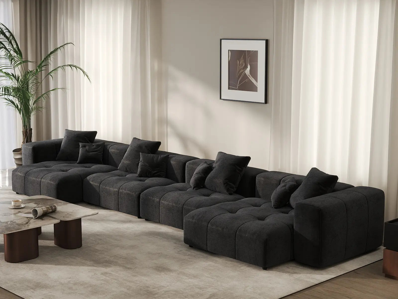 Sofá seccional grande negro Matrix de 4 plazas | 4 piezas, tela de lino