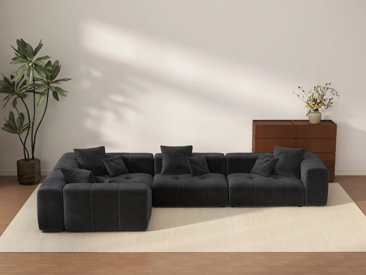 Matrix 4-Seater Black Large Space L-Shaped Sectional | 4-Piece, Linen Fabric