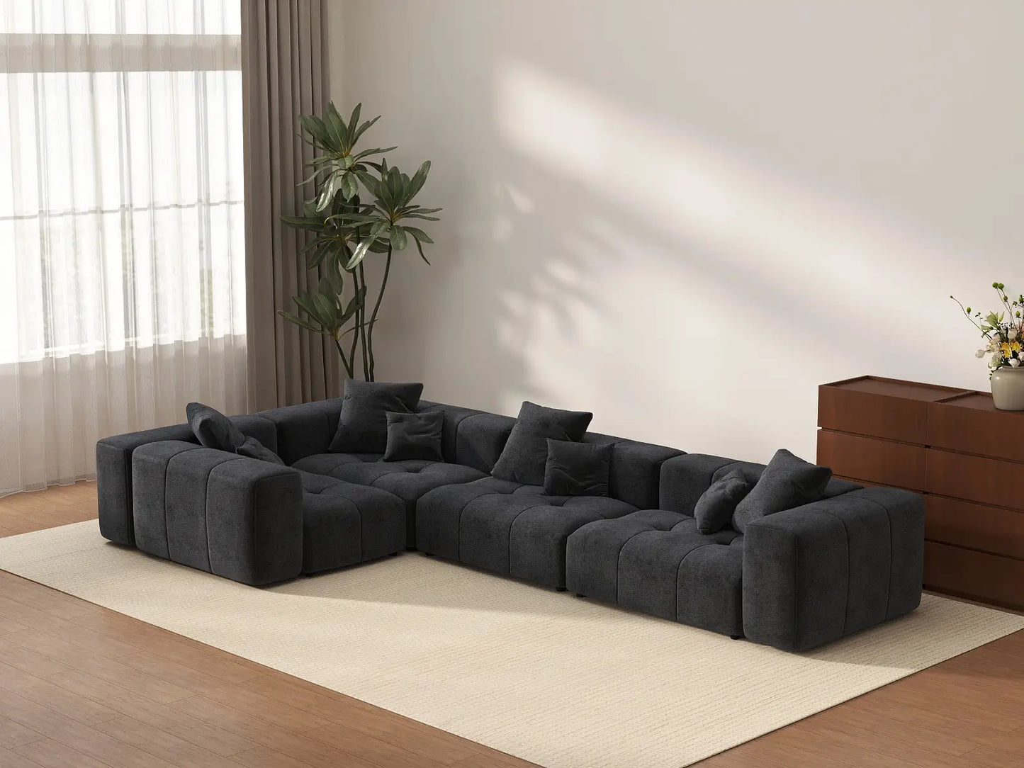 Matrix 4-Seater Black Large Space L-Shaped Sectional | 4-Piece, Linen Fabric