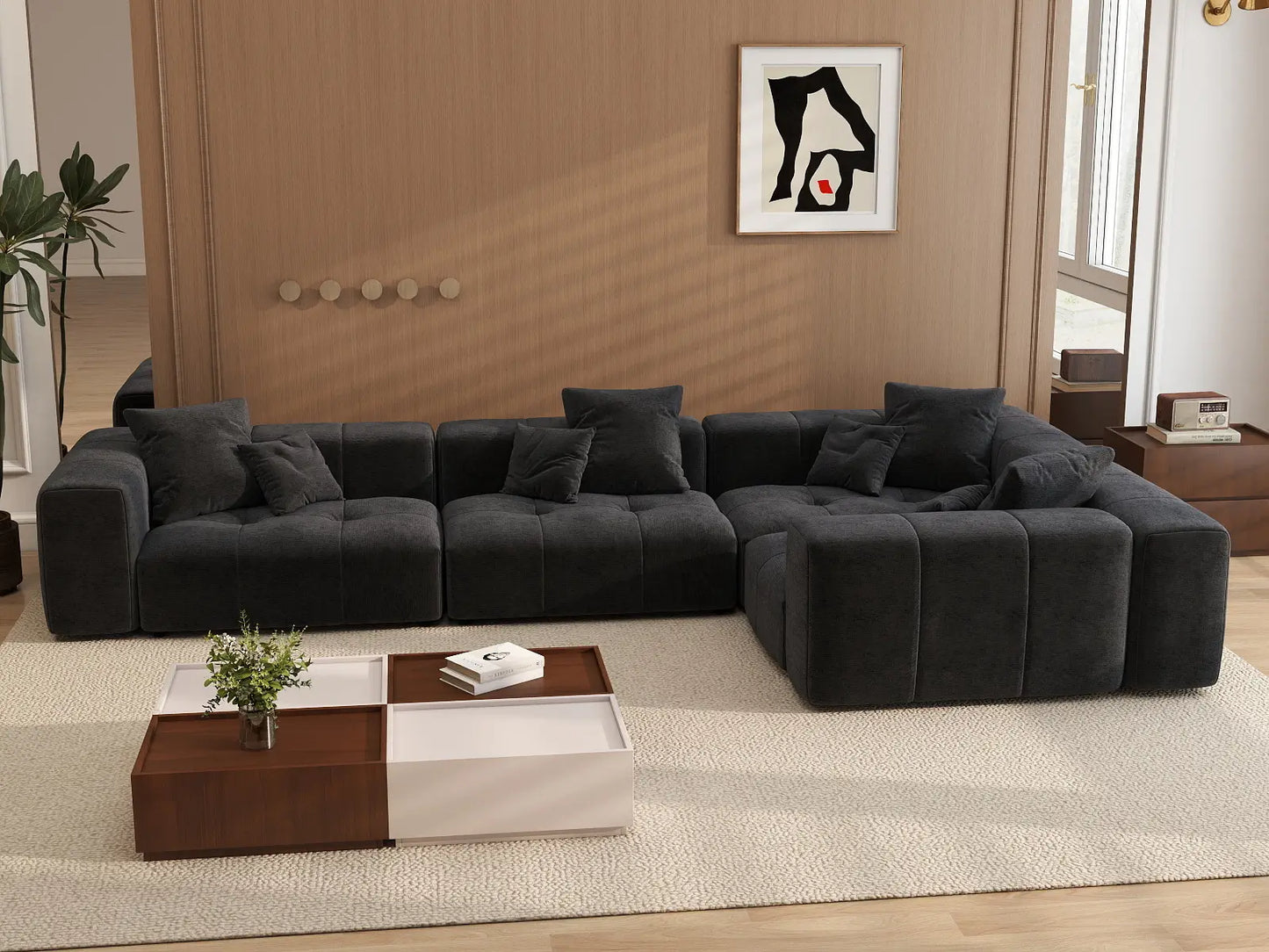 Matrix 4-Seater Black Large Space L-Shaped Sectional | 4-Piece, Linen Fabric
