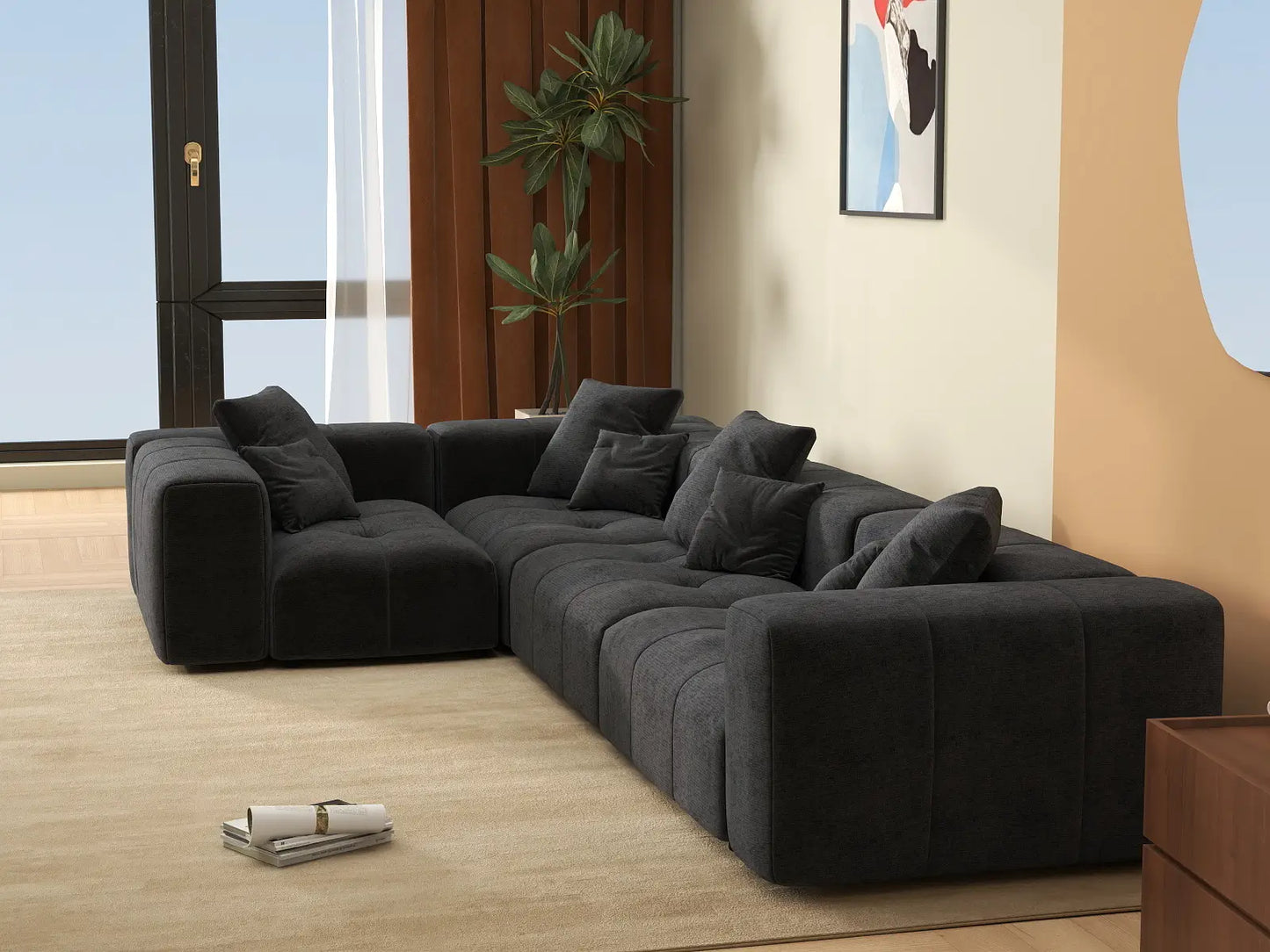 Matrix 4-Seater Black Large Space L-Shaped Sectional | 4-Piece, Linen Fabric