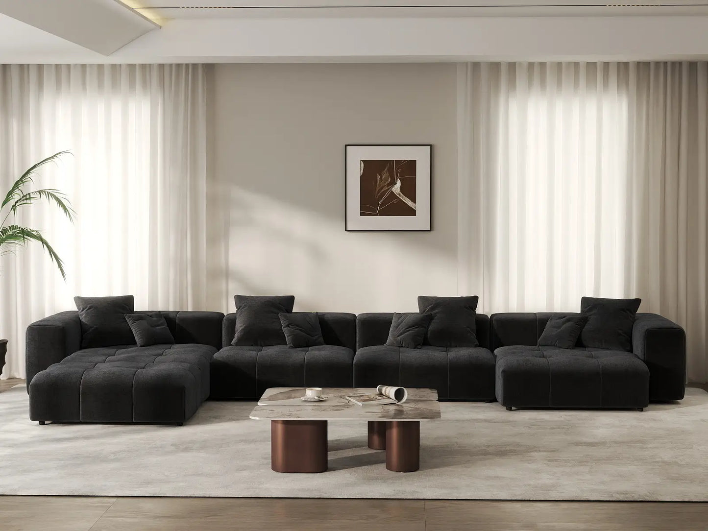 Matrix 4-Seater Black Large Space L-Shaped Sectional | 5-Piece (Includes 1 Ottoman), Linen Fabric