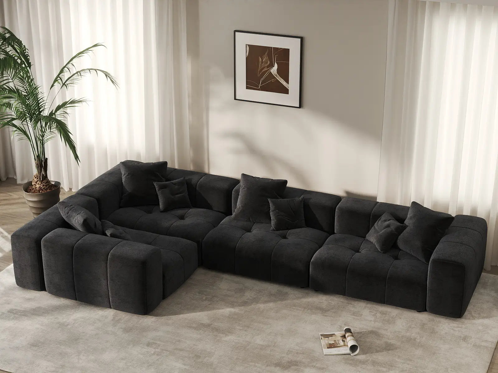 Matrix 4-Seater Black Large Space L-Shaped Sectional | 4-Piece, Linen Fabric