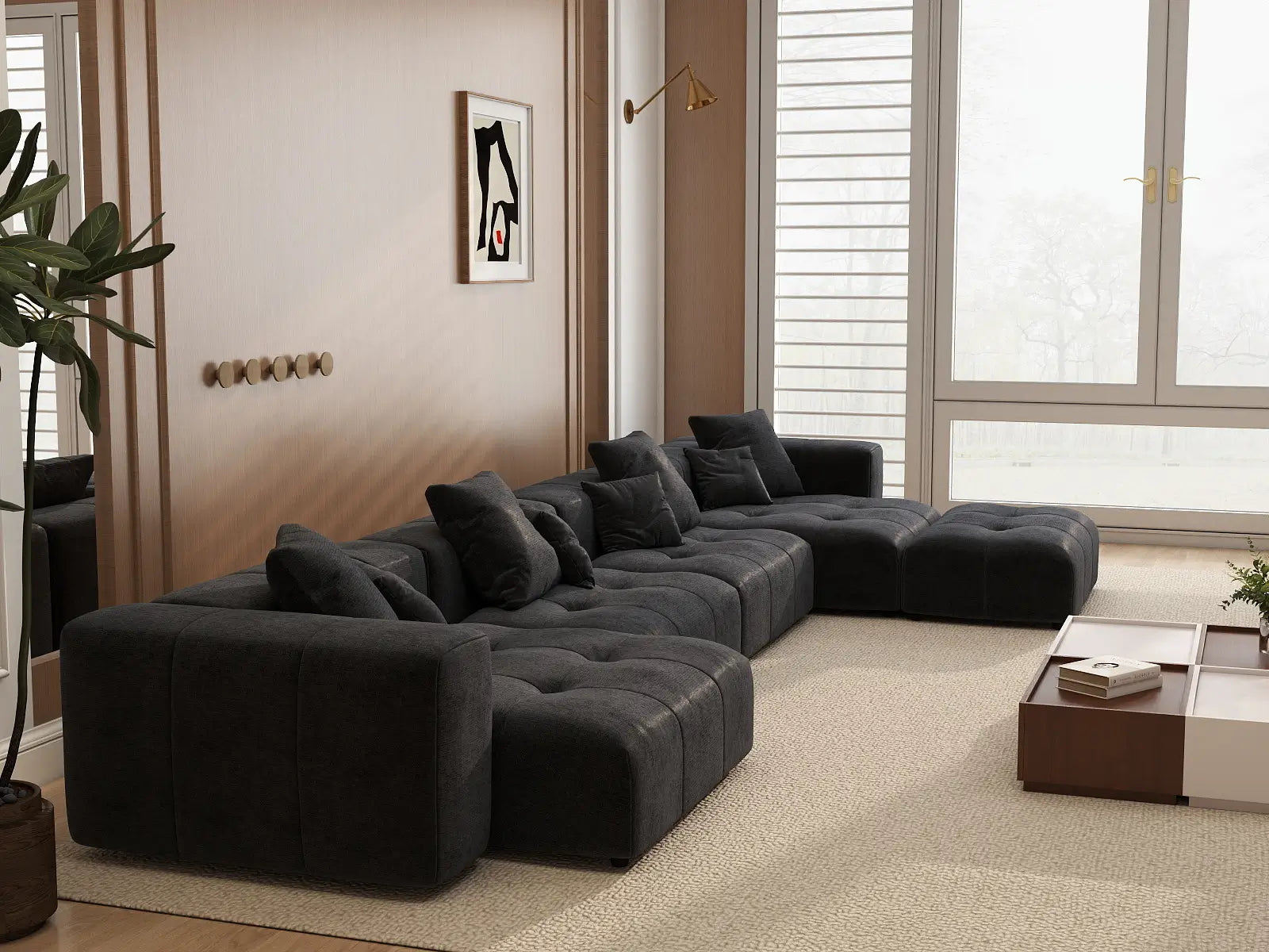 Matrix 4-Seater Black Large Space L-Shaped Sectional | 5-Piece (Includes 1 Ottoman), Linen Fabric