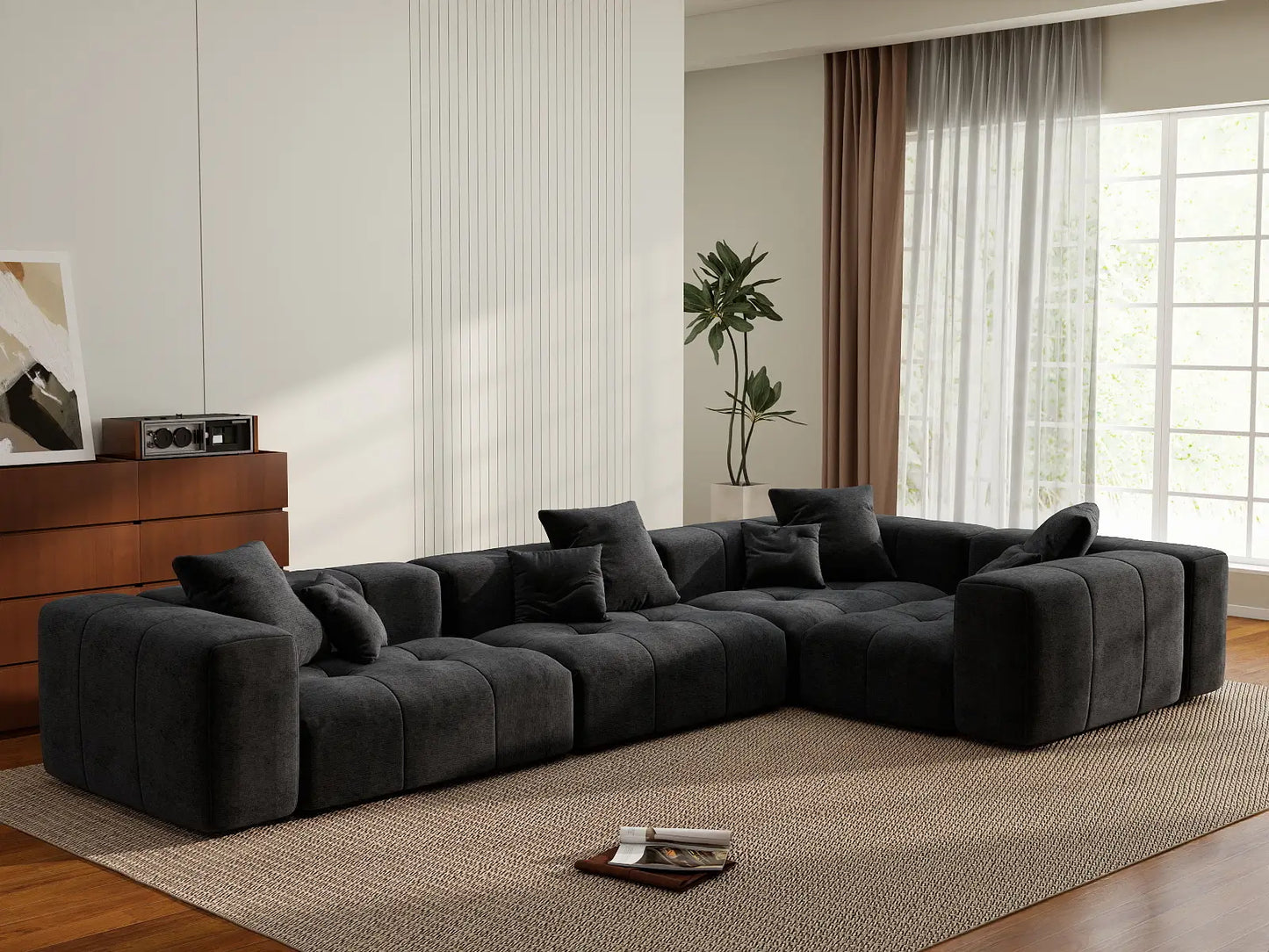 Matrix 4-Seater Black Large Space L-Shaped Sectional | 4-Piece, Linen Fabric