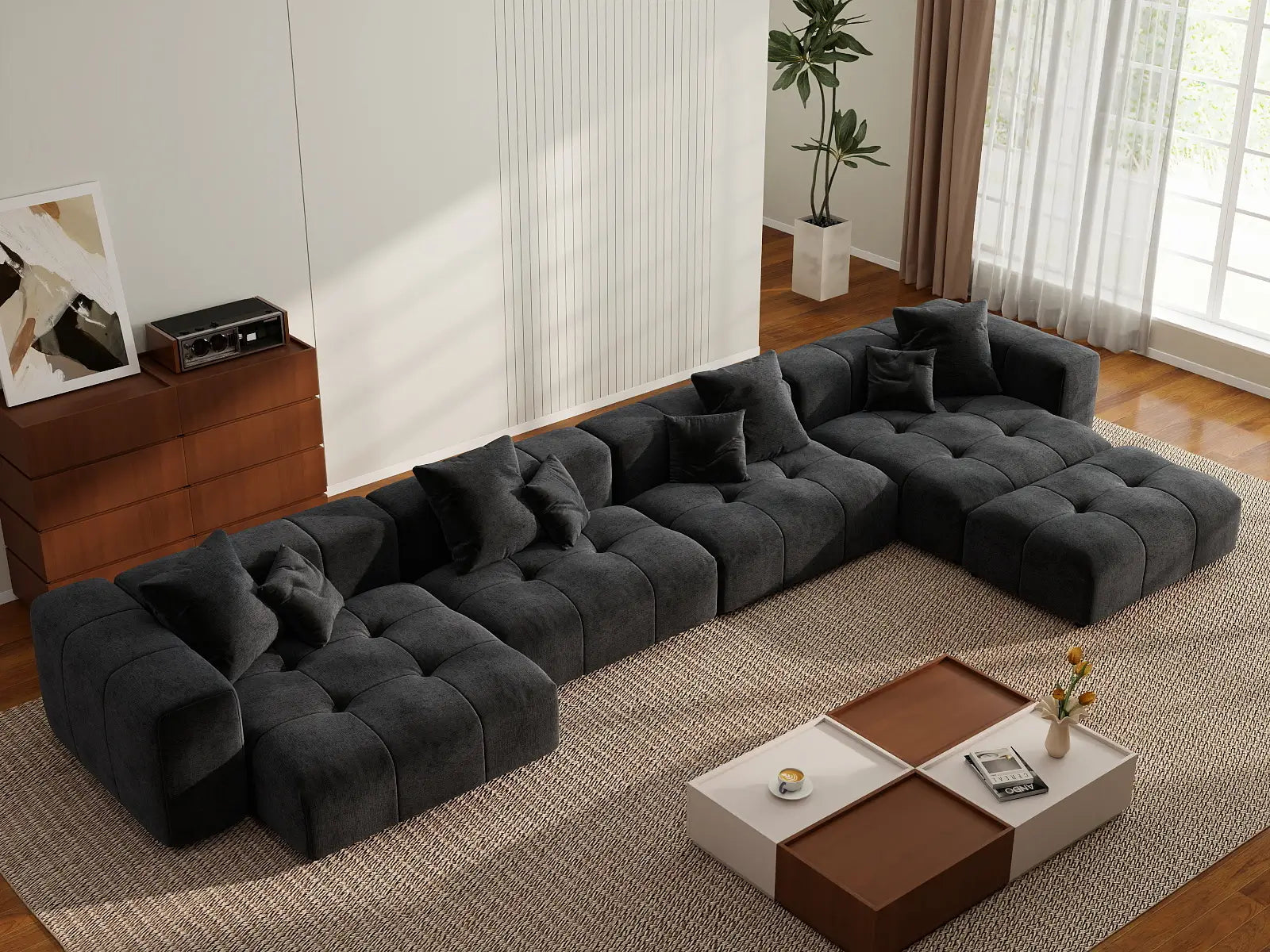 Matrix 4-Seater Black Large Space L-Shaped Sectional | 5-Piece (Includes 1 Ottoman), Linen Fabric