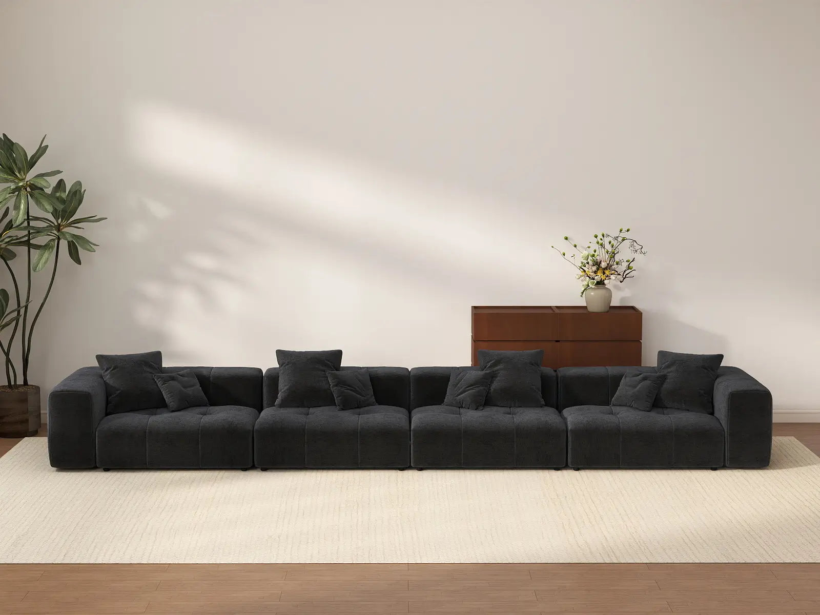 Seccional de sofá Matrix de lino negro de 4 plazas | 4 piezas, estilo moderno
