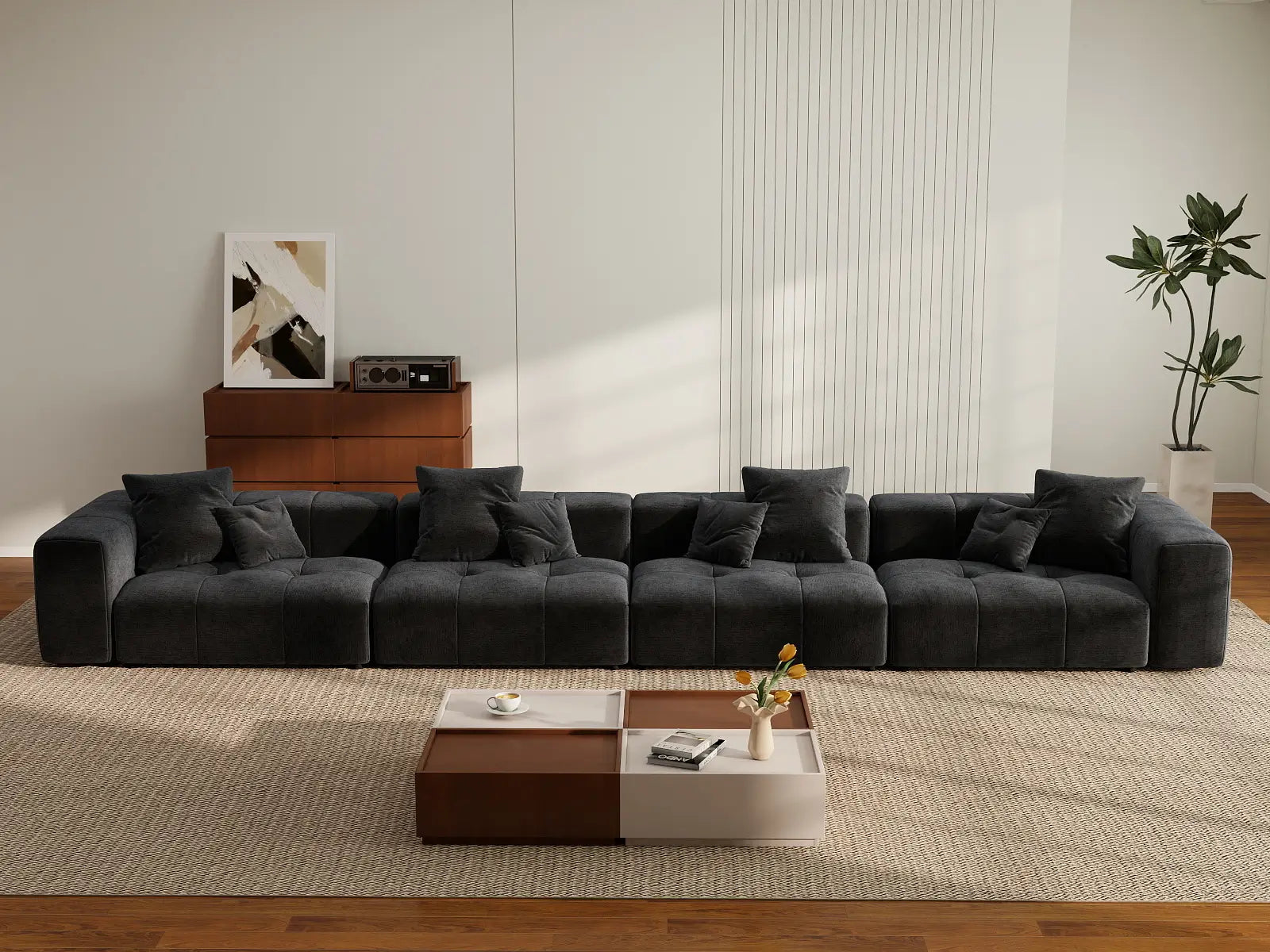 Seccional de sofá Matrix de lino negro de 4 plazas | 4 piezas, estilo moderno