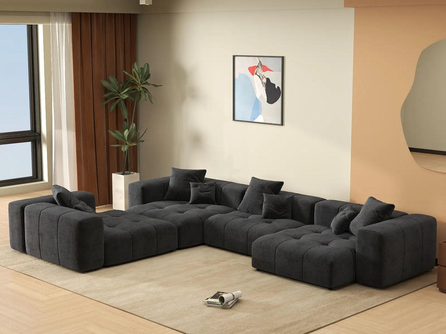 Matrix 4-Seater Black Linen L-Shaped Sectional | 4-Piece, Modern Style