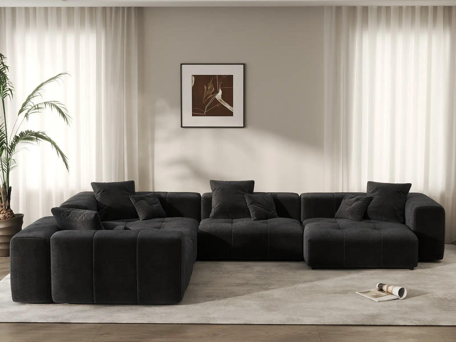 Matrix 4-Seater Black Linen L-Shaped Sectional | 4-Piece, Modern Style