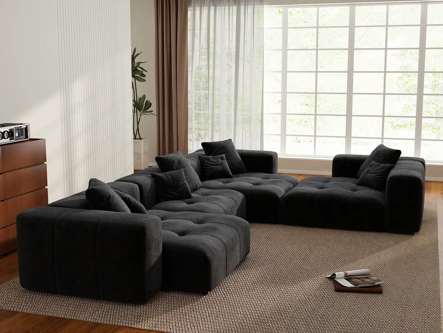Matrix 4-Seater Black Linen L-Shaped Sectional | 4-Piece, Modern Style