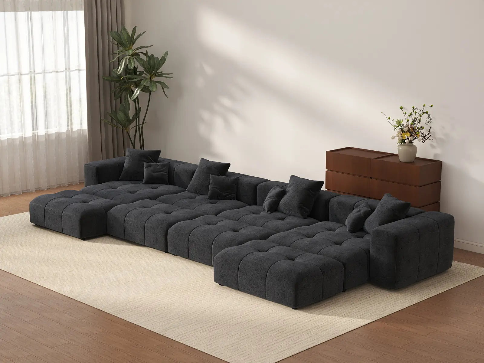 Seccional Matrix de 4 Asientos de Lino Negro | 8 piezas (incluye 4 otomanas), diseño modular
