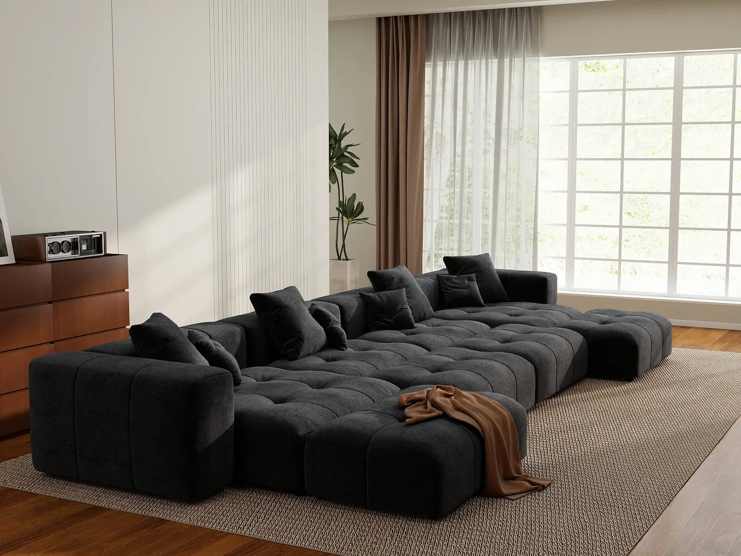 Seccional Matrix de 4 Asientos de Lino Negro | 8 piezas (incluye 4 otomanas), diseño modular
