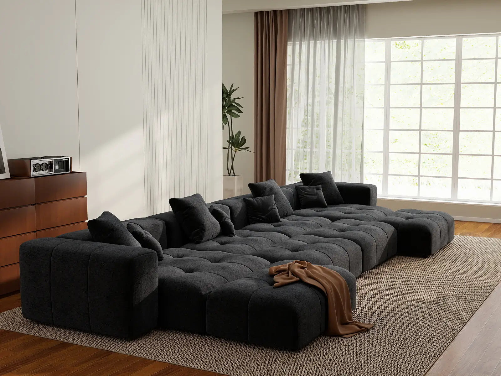 Seccional Matrix de 4 Asientos de Lino Negro | 8 piezas (incluye 4 otomanas), diseño modular