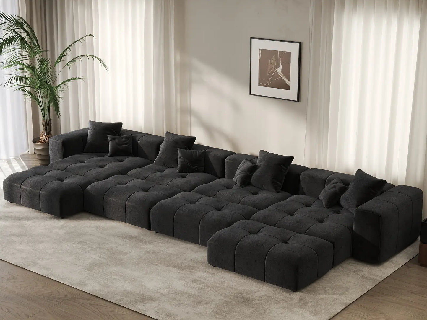 Seccional Matrix de 4 Asientos de Lino Negro | 8 piezas (incluye 4 otomanas), diseño modular