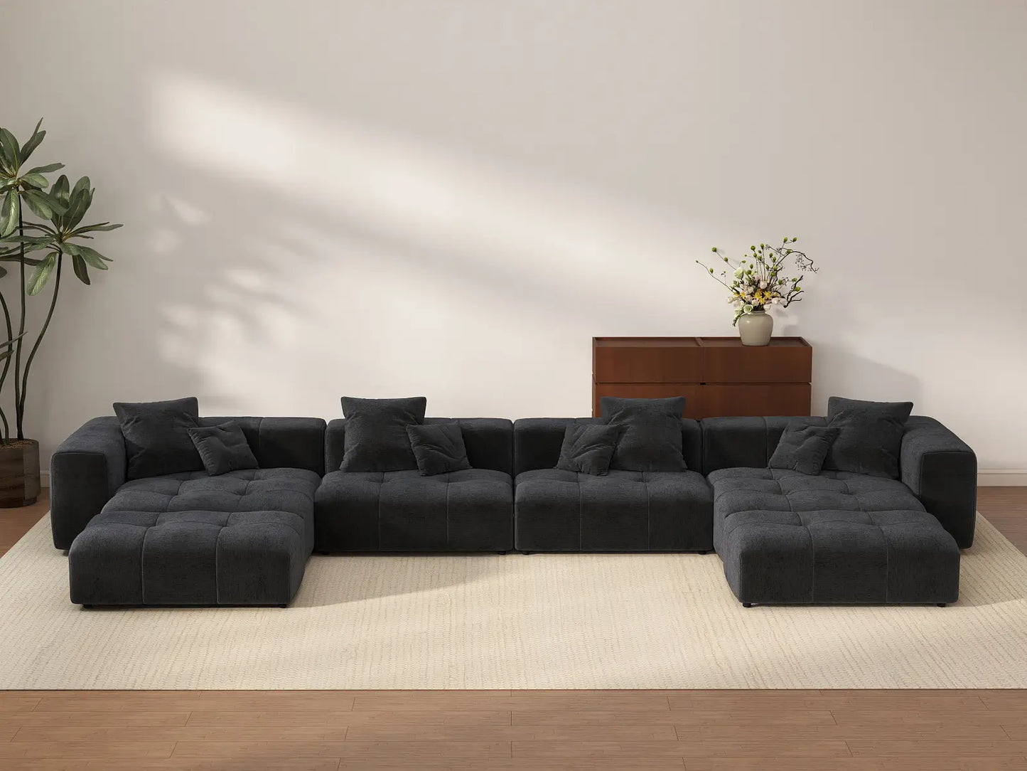 Matrix 4-Seater Black Linen U-Shaped Sectional | 6-Piece (Includes 2 Ottomans), Large Space